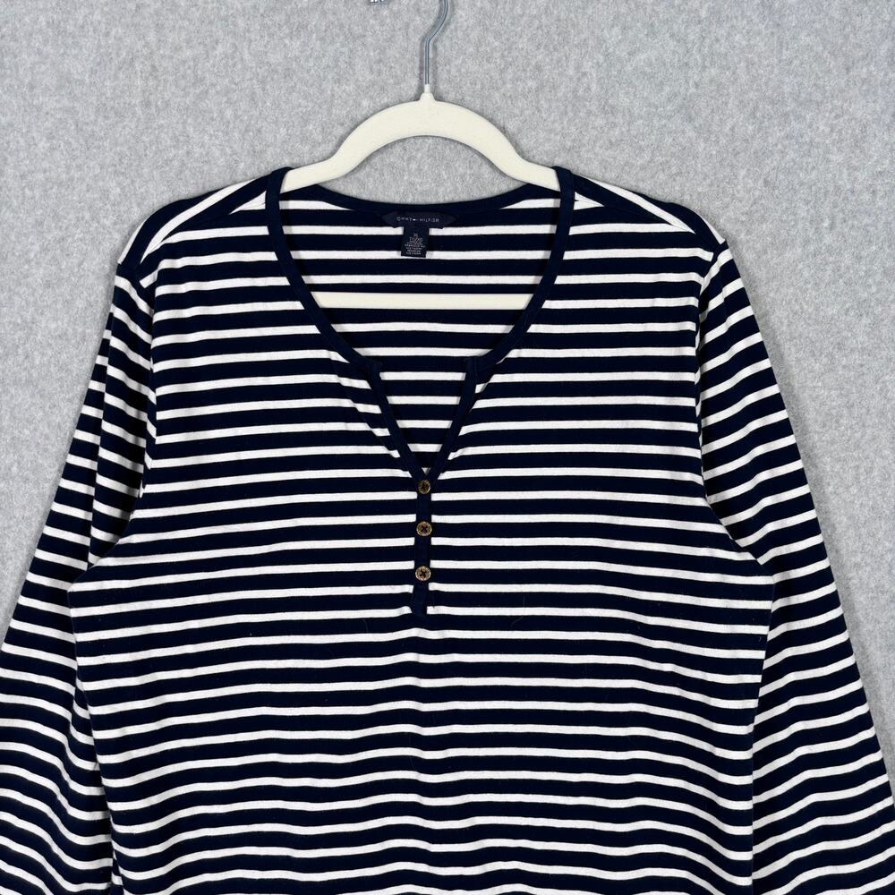 Tommy Hilfiger Top XL Navy White‎ Henley Soft Knit Cotton Sailor Nautical Preppy - Picture 2 of 9